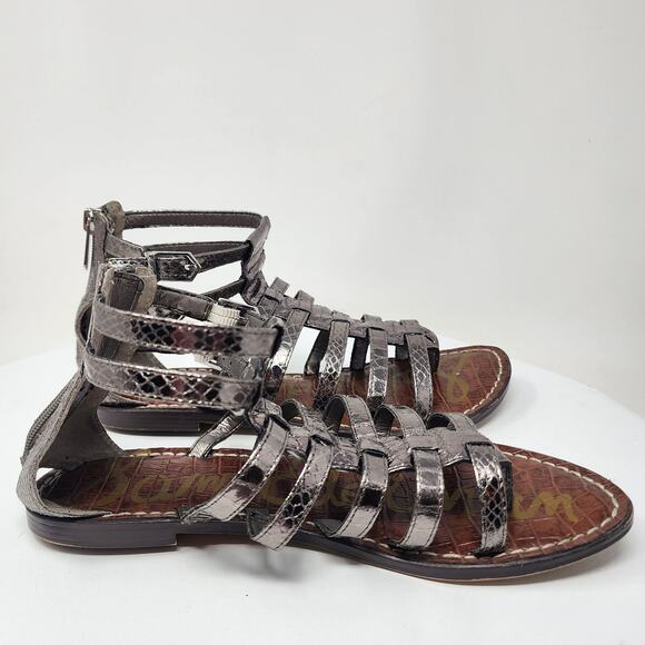 Sam Edelman Kendra Gladiator Sandal 8M Pewter Silver Snake Embossed Heel Zip - Picture 8 of 13